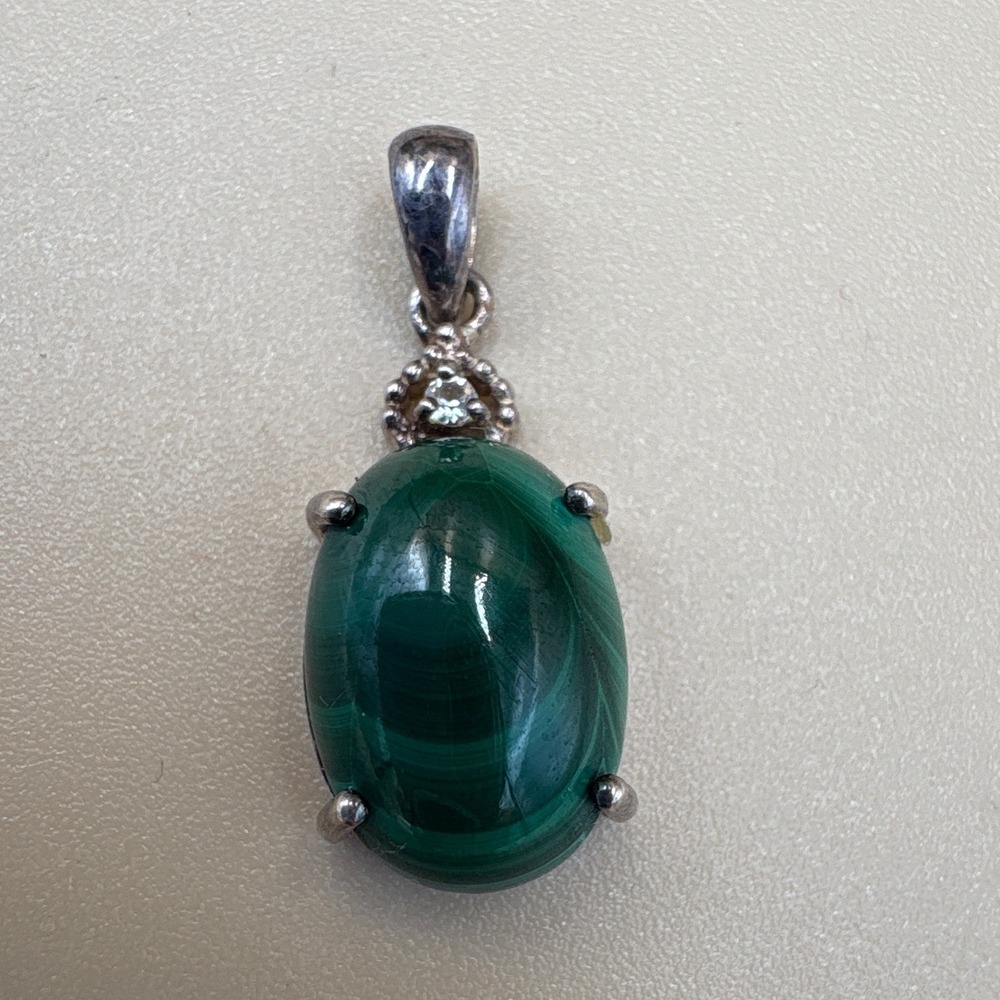 VTG D'Joy 925 Sterling Silver Oval Malachite Pendant Natural Banded Green Gem